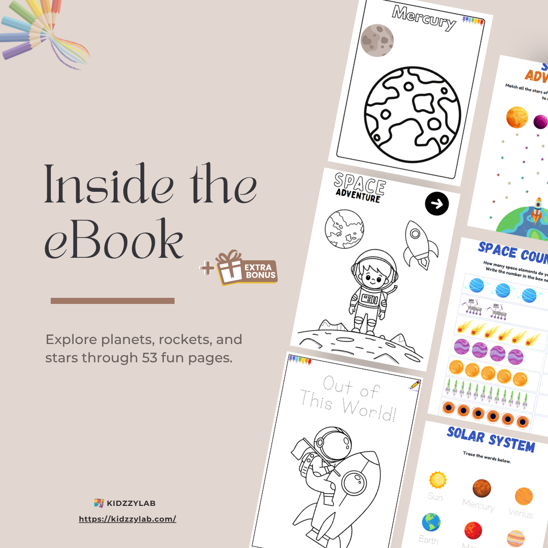 Space-themed coloring pages and activities from KIDZIZLAB eBook on a light background