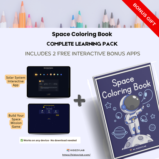Space coloring book complete learning pack with bonus apps on a light gray background
