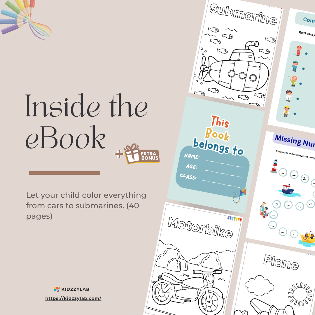 Coloring book pages for children with vehicles on a light gray background, featuring KIDZIZLAB branding.