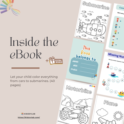Coloring book pages for children with vehicles on a light gray background, featuring KIDZIZLAB branding.