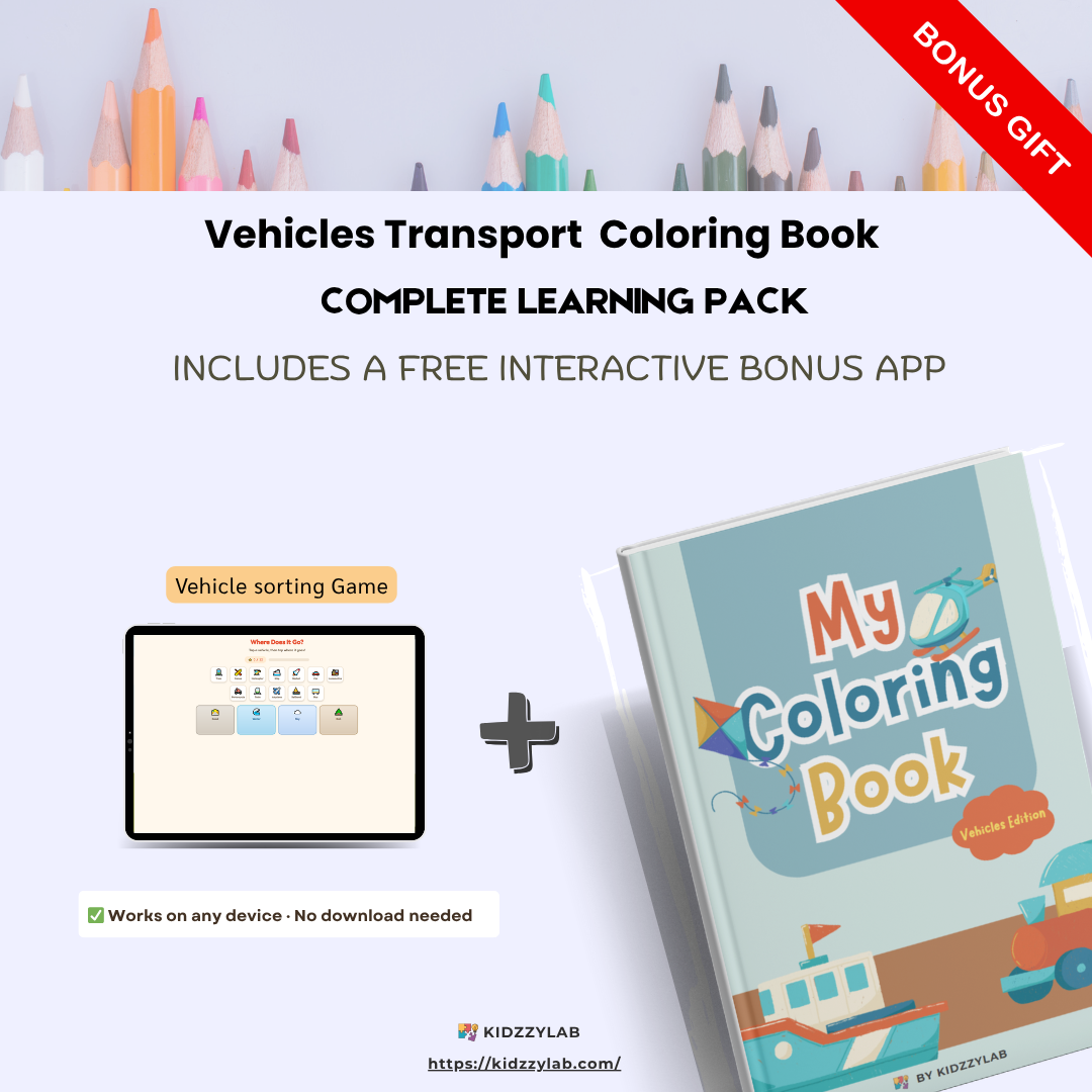 Coloring book and interactive app for children with vehicle theme on a light gray background