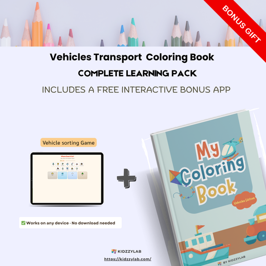 Coloring book and interactive app for children with vehicle theme on a light gray background