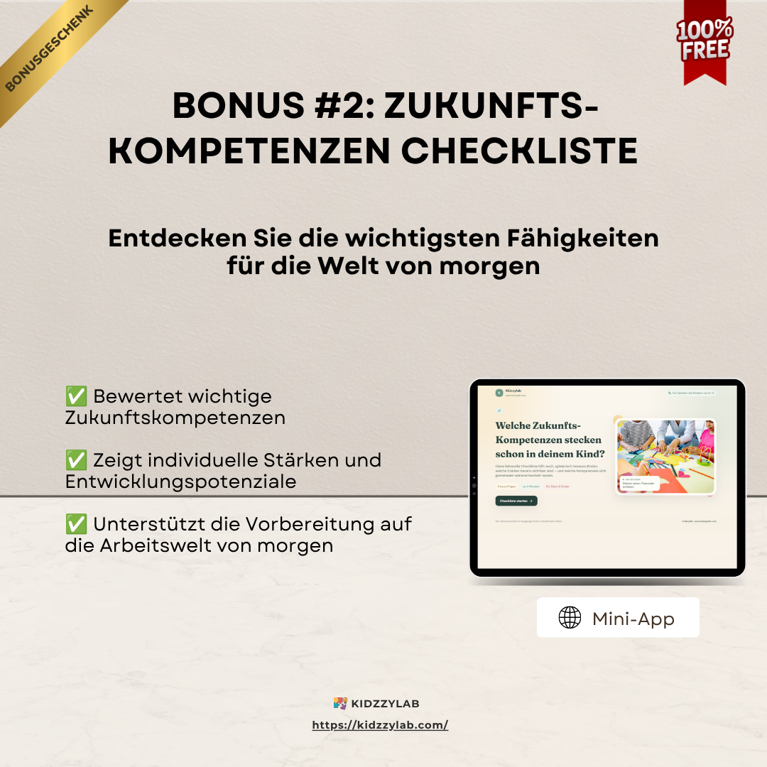 Promotional graphic for a future competence checklist with a tablet displaying a related app on a beige background.