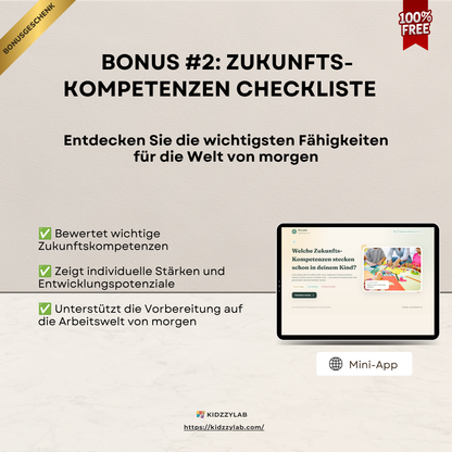 Promotional graphic for a future competence checklist with a tablet displaying a related app on a beige background.