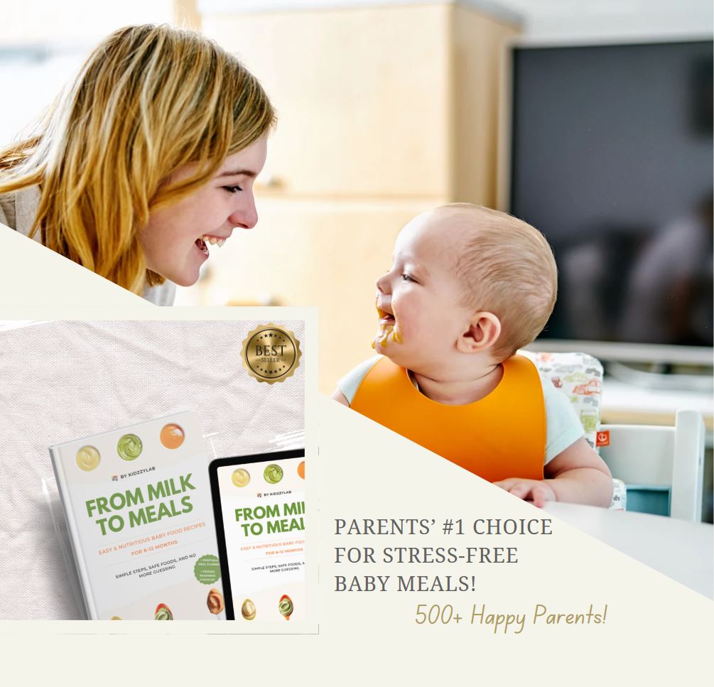 Woman and baby with 'From Milk to Meals' book and app on a table