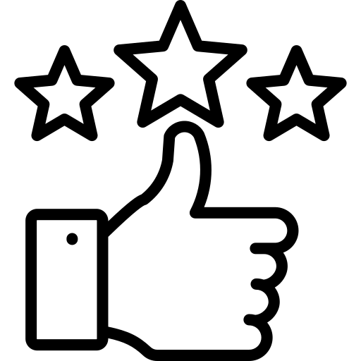 Black and white icon of a hand giving a thumbs up with three stars above it on a white background.